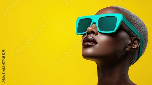 Black Woman in Sunglasses Looking Up on Yellow Background   Fashion  Beauty  Portrait