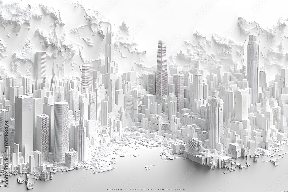 Fototapeta premium A highly detailed 3D model of a cityscape in pristine white, featuring buildings, streets, and infrastructure with intricate precision, creating a modern and minimalistic urban design without textures