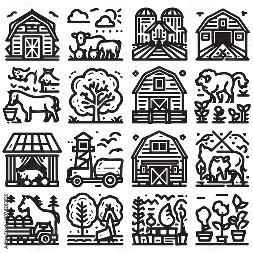 Set of Farming Related Vector Line Icons. Contains such Barn, Livestock, Tree Garden and more. Editable Stroke.