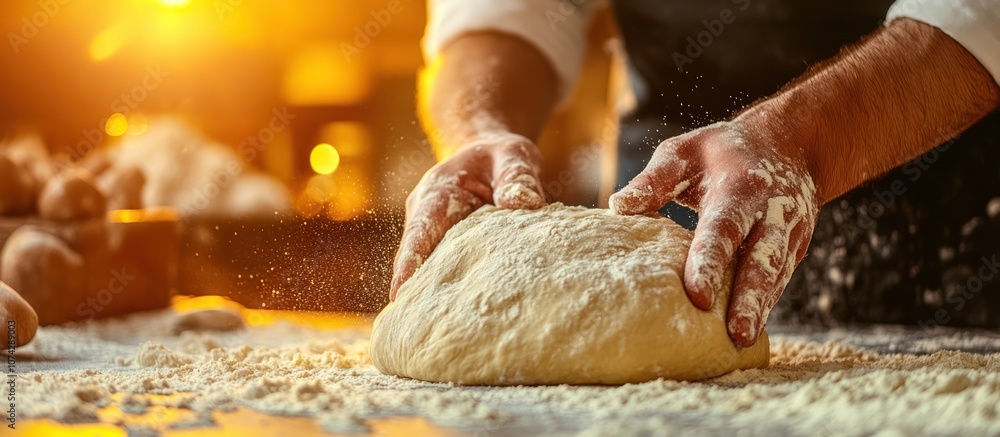 Closeup of hands kneading dough on a floured countertop. Closeup of hands kneading dough on a floured countertop.