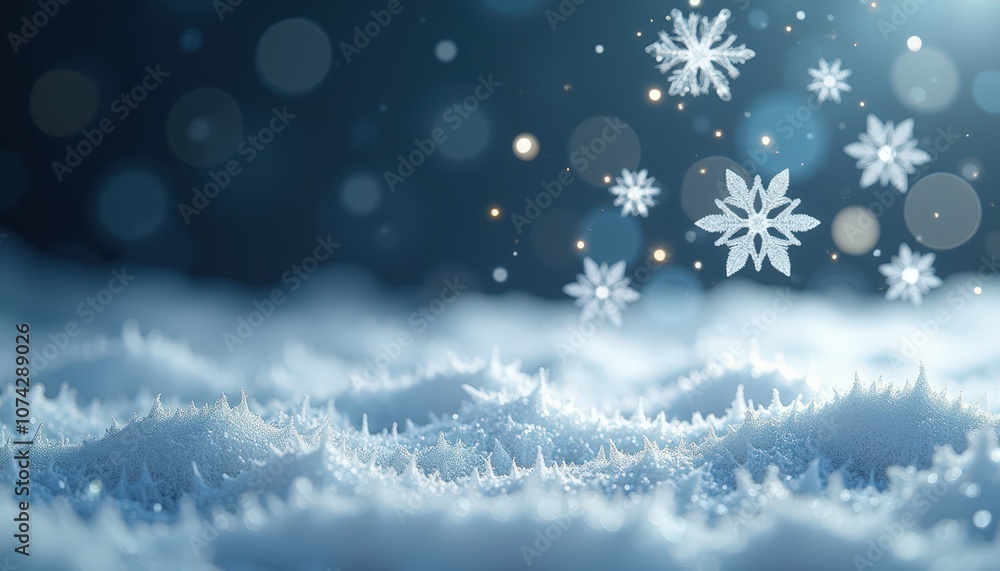 Abstract festive snowflakes gently falling over a sparkling silver surface with a frosty icy appearance. Abstract festive snowflakes gently falling over a sparkling silver surface with a frosty icy appearance.