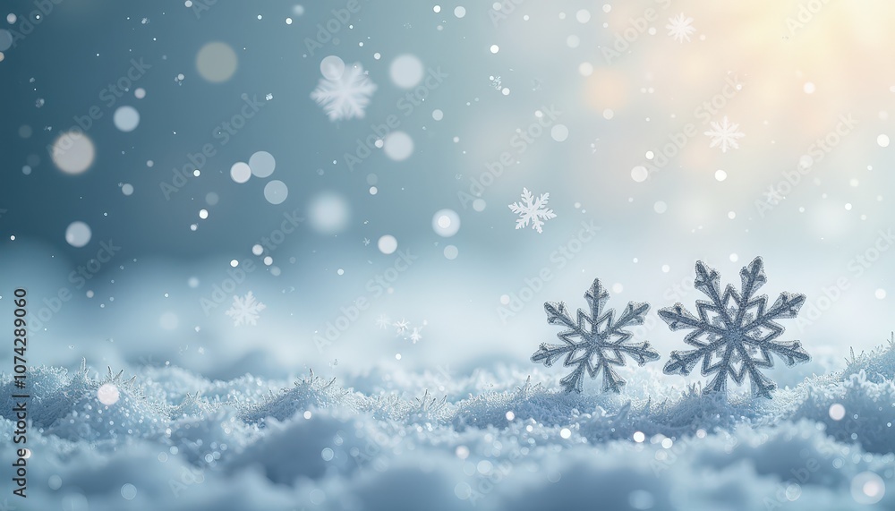 Abstract festive snowflakes gently falling over a sparkling silver surface with a frosty icy appearance. Abstract festive snowflakes gently falling over a sparkling silver surface with a frosty icy appearance.
