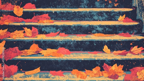 Retro illustration of fallen autumn leaves on stairs for nature themed coloring activity