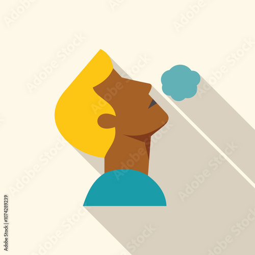 Profile of a blond man exhaling smoke, vapor or steam in a flat design style with long shadow