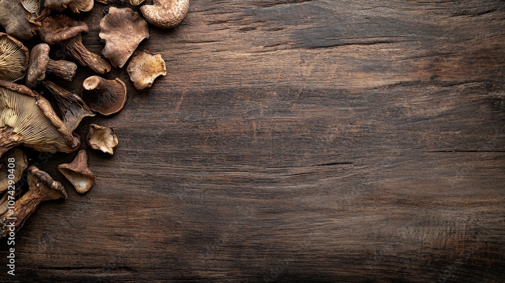 Assorted dried mushrooms background on a wooden surface,Space for add text Assorted dried mushrooms background on a wooden surface,Space for add text