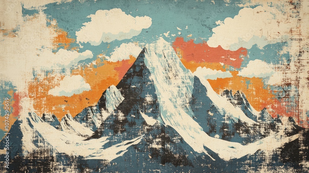 Fototapeta premium Retro illustration of snowy mountain landscape with single clouds