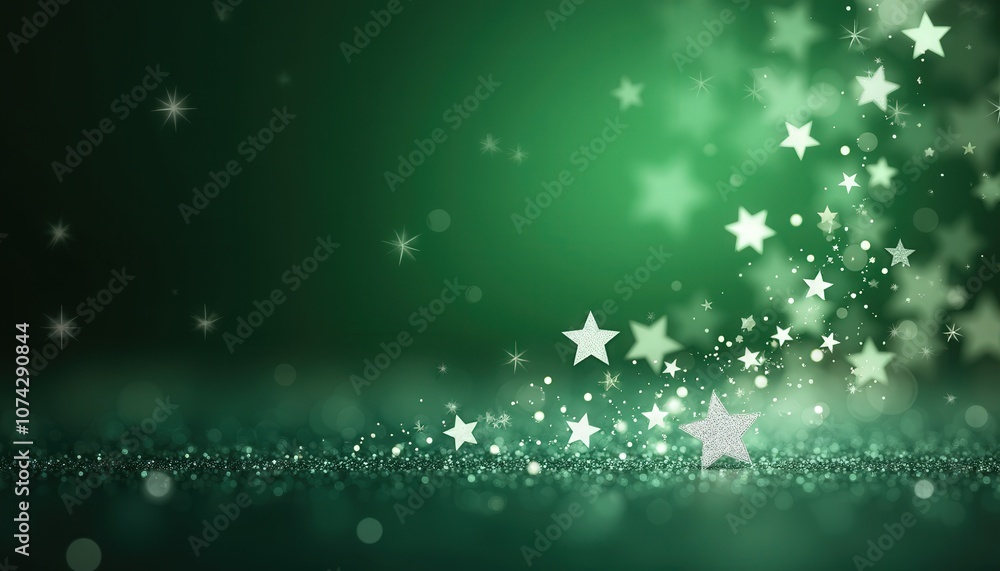 Shimmering silver stars glowing against a deep green holiday-themed background creating a magical sparkle.