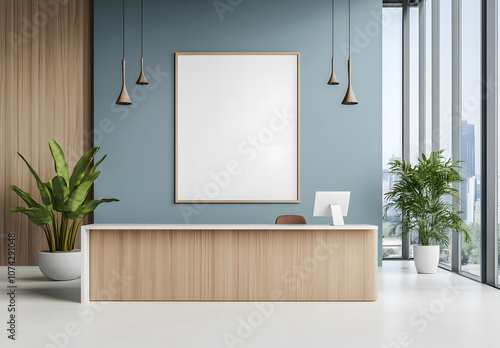 Modern Reception Desk in Contemporary Office with Large Windows and Green Plants