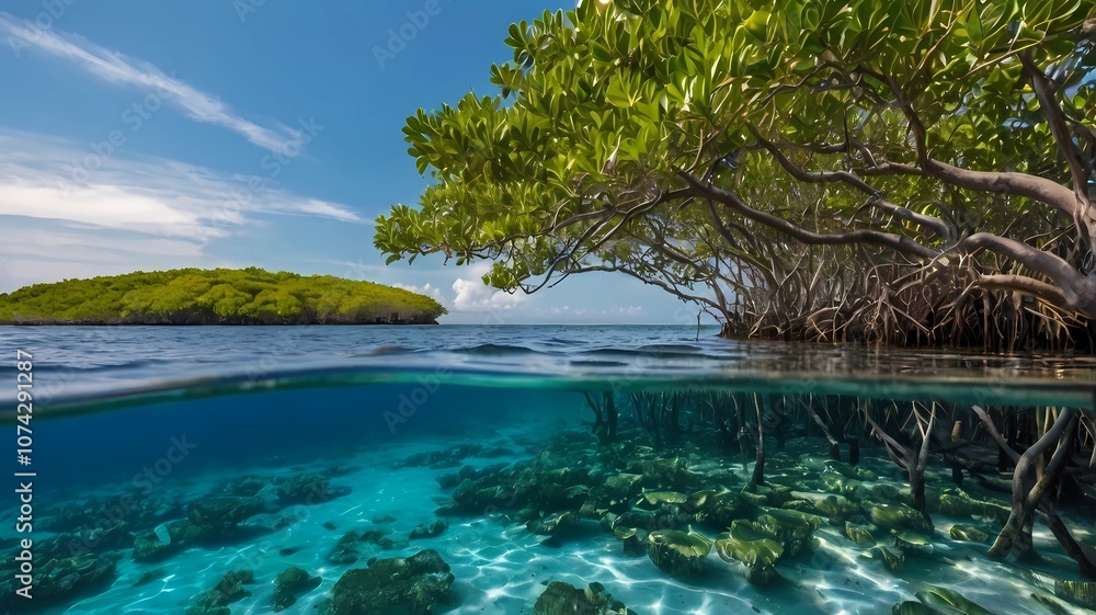 Obraz premium Mangrove forest and coral reefs in split shot