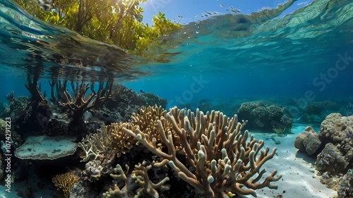 Mangrove forest and coral reefs in split shot photo