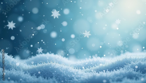 Abstract snowflakes falling gently over a shimmering blue surface creating a festive winter effect.