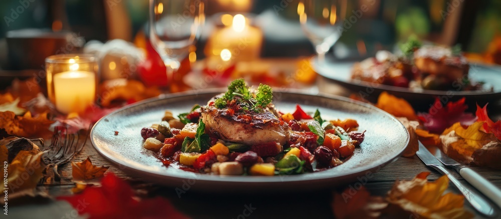 Delicious autumn dinner with grilled fish, vegetables, and fall leaves on a rustic wooden table. Delicious autumn dinner with grilled fish, vegetables, and fall leaves on a rustic wooden table.