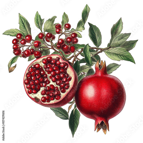 Vintage Botanical Illustration of Pomegranate Isolated on Transparent Background, Detailed and Classic Style