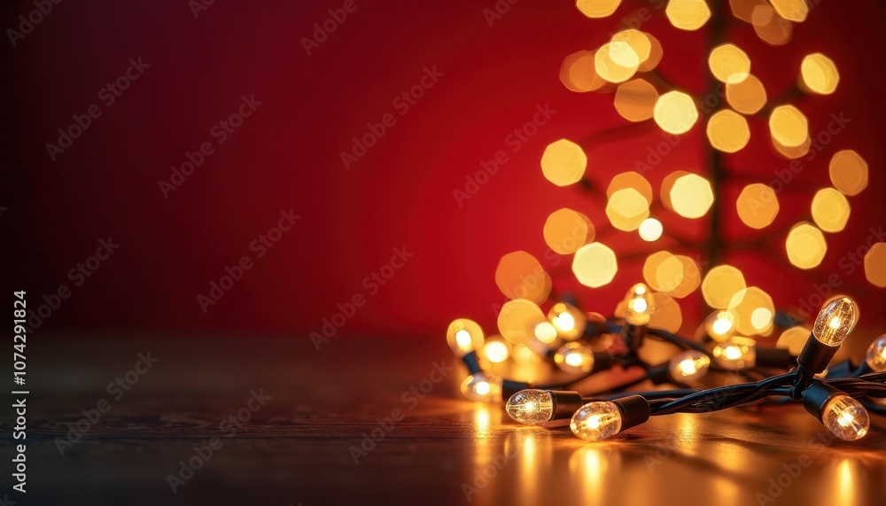 Glowing golden holiday lights softly illuminating a dark deep red textured festive background Glowing golden holiday lights softly illuminating a dark deep red textured festive background