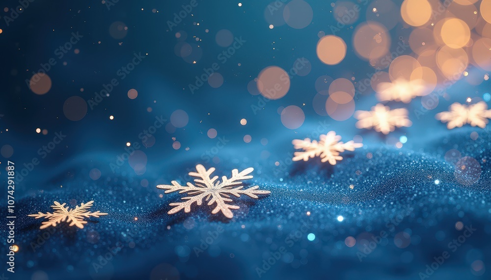 Fototapeta premium Shimmering abstract snowflakes glowing against a deep blue holiday-themed backdrop