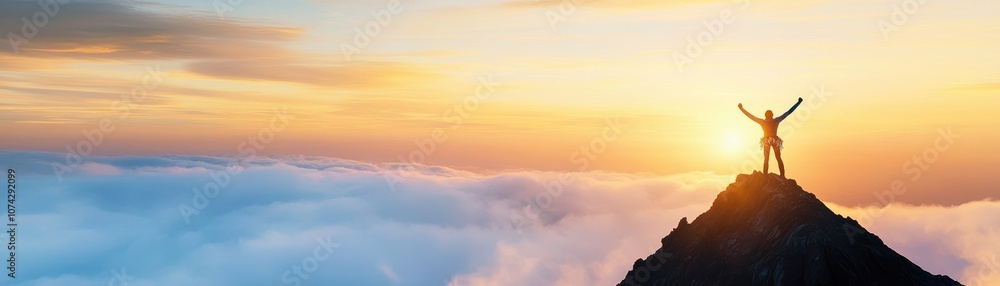 Person celebrating achievement on mountain peak at sunset. Person celebrating achievement on mountain peak at sunset.