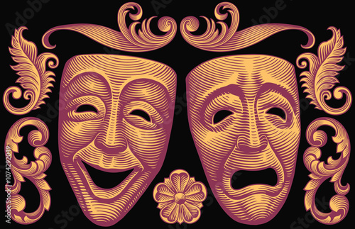 Comedy and Tragedy Theatrical Masks. Design set. Editable hand drawn illustration. Vector vintage engraving. Isolated on black background. 8 EPS