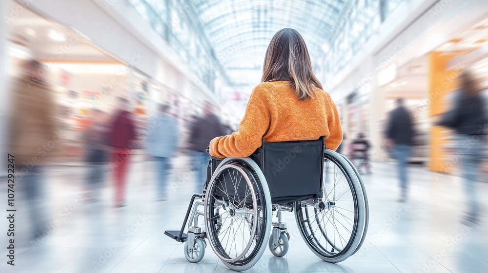 Obraz premium Person in wheelchair navigating a busy urban space.