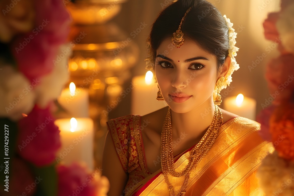 South Asian Bride in Golden Saree with Intricate Jewelry