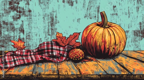 Autumn themed coloring illustration featuring a pumpkin plaid fabric and chestnut trees arranged on a wooden table surface