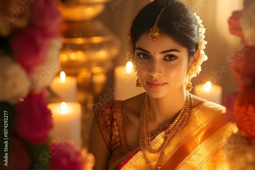 Obraz na płótnie South Asian Bride in Golden Saree with Intricate Jewelry w salonie