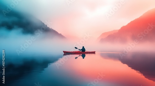 A solitary kayaker paddles through a misty, colorful lake