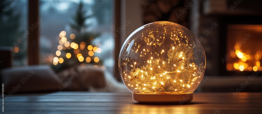 A glass sphere filled with a miniature Christmas tree with warm string lights sits on a wooden table, blurred image of a fireplace and Christmas tree in the background. A glass sphere filled with a miniature Christmas tree with warm string lights sits on a wooden table, blurred image of a fireplace and Christmas tree in the background.