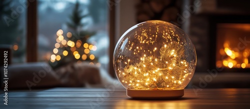 A glass sphere filled with a miniature Christmas tree with warm string lights sits on a wooden table,  blurred image of a fireplace and Christmas tree in the background.