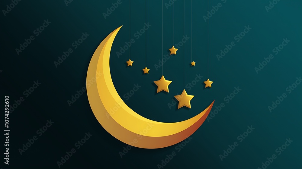 A Golden Crescent Moon and Stars Hanging on Strings Against a Teal Background A Golden Crescent Moon and Stars Hanging on Strings Against a Teal Background