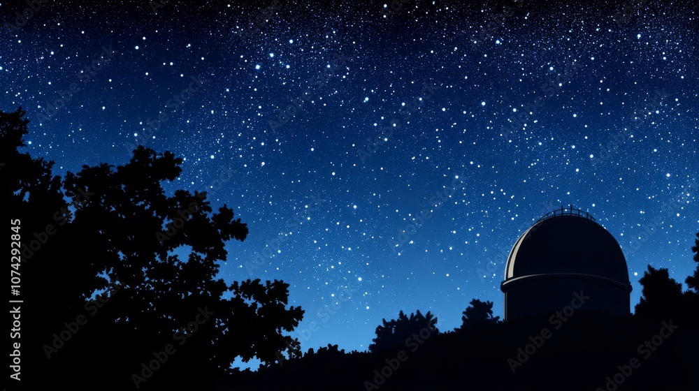 A silhouette of an observatory under a starry night sky. A silhouette of an observatory under a starry night sky.