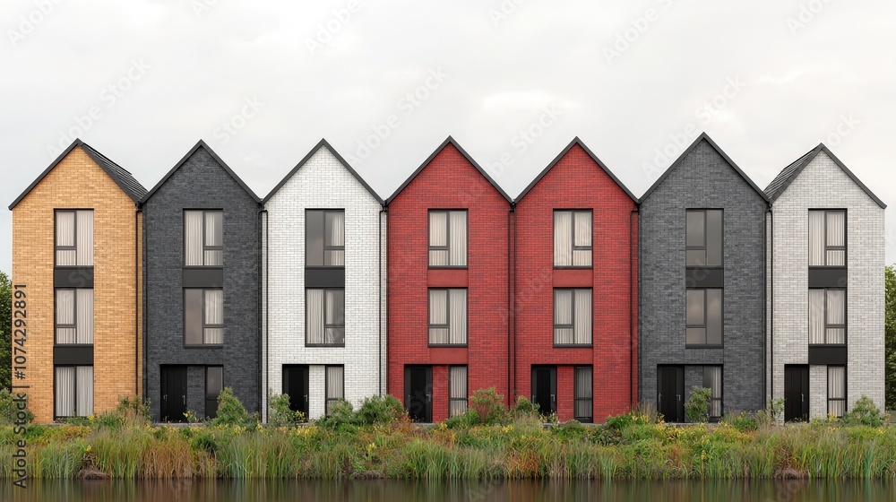 Colorful Row of Modern Townhouses by the Water Colorful Row of Modern Townhouses by the Water