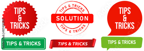 Tips and tricks solution information idea education tutorial guide instruction way out stamp colorful badge sticker emblem banner ribbon label design icons set collection