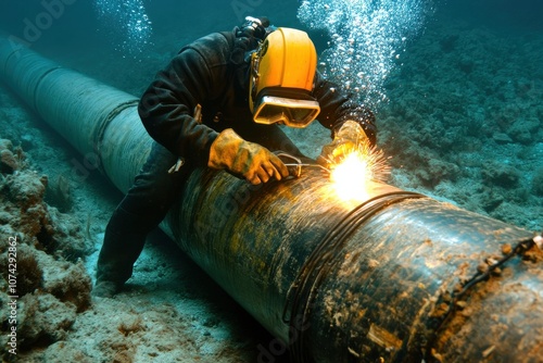 Diver welding a large pipeline underwater on the ocean floor photo