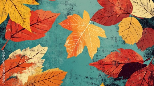 Retro illustration of colorful leaves during Autumn season