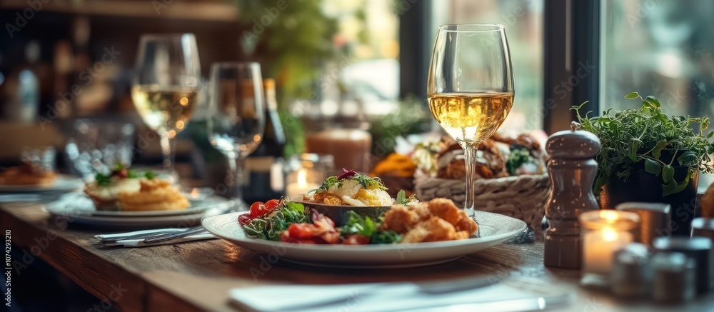 Naklejka premium A close-up shot of a delicious meal with wine glass on a rustic table in a restaurant.