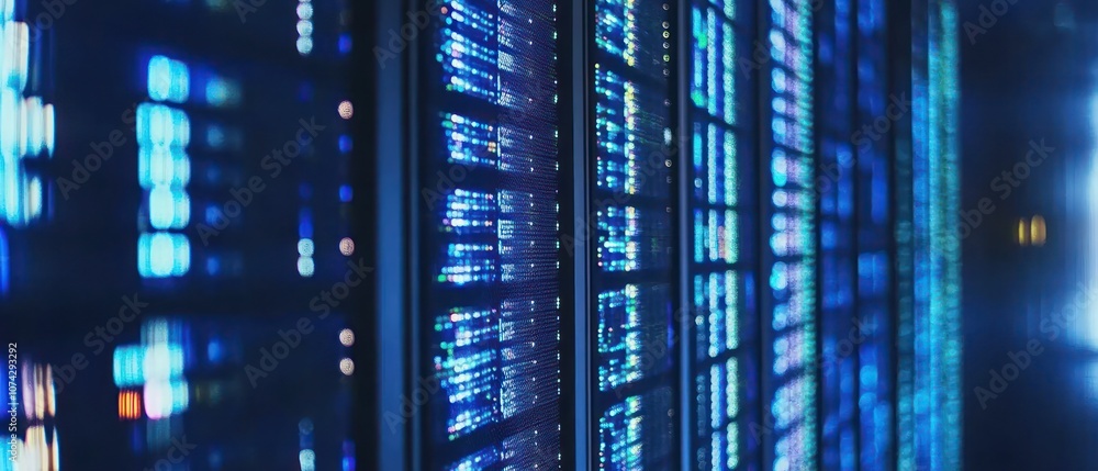 A close-up view of illuminated server racks in a data center, showcasing technology infrastructure. A close-up view of illuminated server racks in a data center, showcasing technology infrastructure.