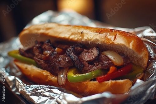 Hoagie on a toasted bun with steak, peppers, and onions photo