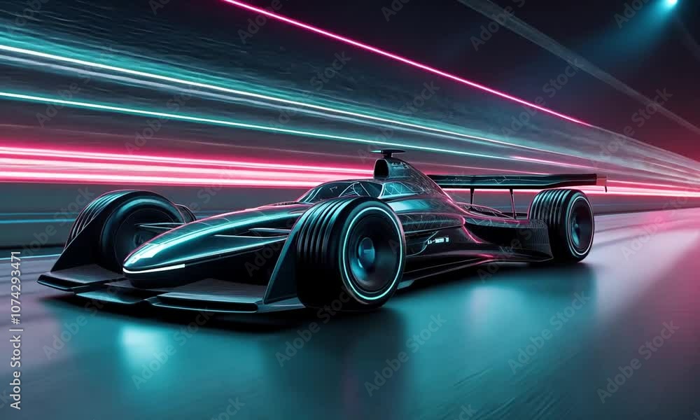 A futuristic racing car in motion, showcasing speed and advanced design with dynamic lighting. A futuristic racing car in motion, showcasing speed and advanced design with dynamic lighting.