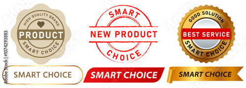 Smart choice stamp colorful badge decision service product shop market offer service recommendation recommended special guarantee emblem sticker seal ribbon medal design icon set collection