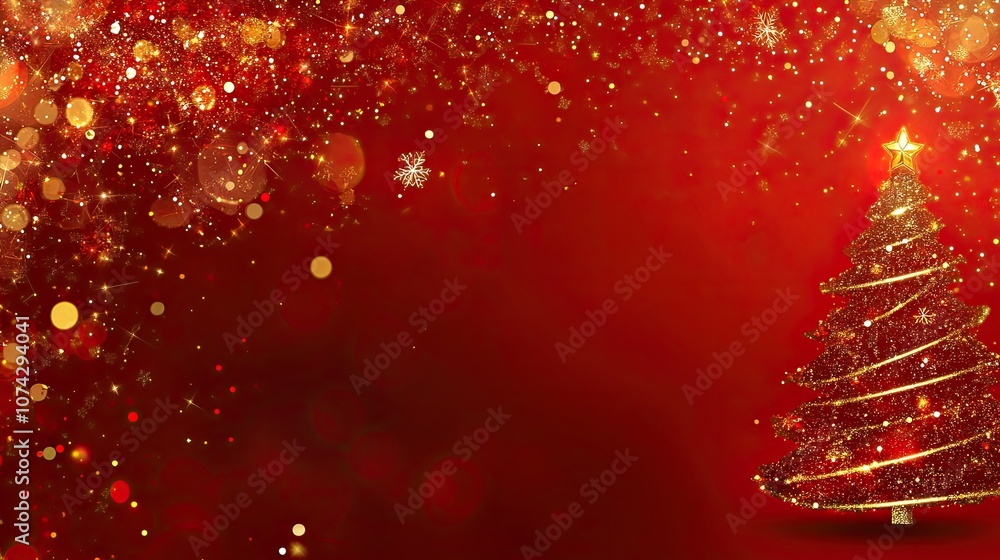 © Yilun - A beautifully decorated Christmas tree adorned with gold stars stands against a deep red background, ideal for holiday cards, digital wallpapers, promotional materials, and festive web © Yilun - A beautifully decorated Christmas tree adorned with gold stars stands against a deep red background, ideal for holiday cards, digital wallpapers, promotional materials, and festive web
