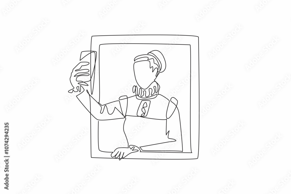 Museum Selfie Day. One single line drawing of young beauty medieval woman inside a painting frame puts out her hand and takes a selfie. Royal princess. Annual international celebration event Museum Selfie Day. One single line drawing of young beauty medieval woman inside a painting frame puts out her hand and takes a selfie. Royal princess. Annual international celebration event