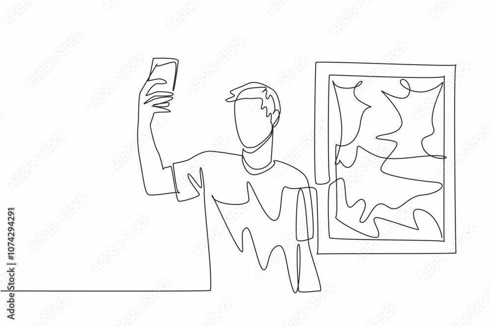 Single continuous line drawing of young handsome man take a selfie photo behind high valuable painting from famous painter. Took a photo for social media content, gen Z lifestyle. Museum Selfie Day Single continuous line drawing of young handsome man take a selfie photo behind high valuable painting from famous painter. Took a photo for social media content, gen Z lifestyle. Museum Selfie Day