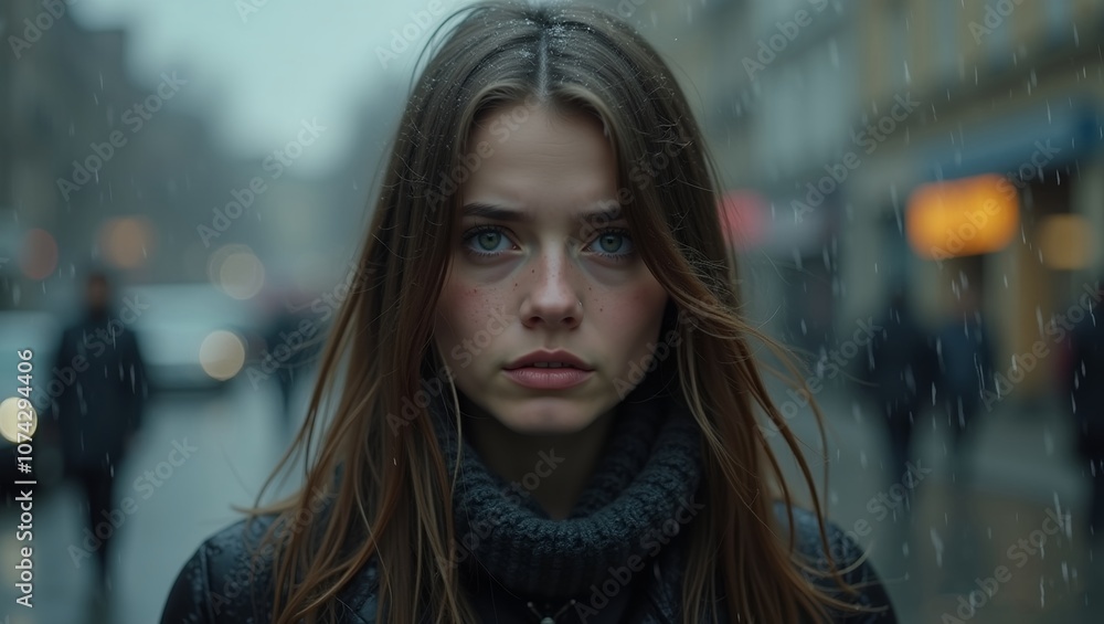 woman walking in the rain with tears in her beautiful eyes. Her face expression shows that she is going through a lot of emotional pain woman walking in the rain with tears in her beautiful eyes. Her face expression shows that she is going through a lot of emotional pain