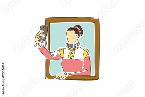 Museum Selfie Day. One single line drawing of young beauty medieval woman inside a painting frame puts out her hand and takes a selfie. Royal princess. Annual international celebration event