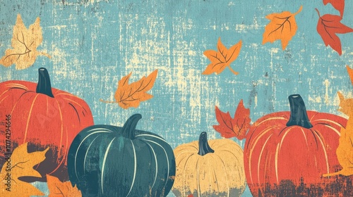 Retro illustration of autumn kitchen decor featuring decorative pumpkins and falling leaves against a textured backdrop Themed decorations for a cozy setting photo