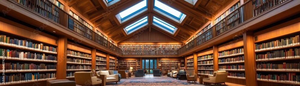 Spacious library featuring wooden shelves and ample natural light. Spacious library featuring wooden shelves and ample natural light.