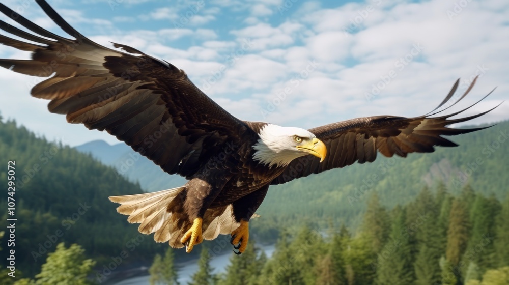 Fototapeta premium Bald Eagle in Flight Over a Mountain Range