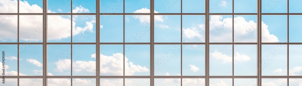 Spacious window view revealing bright blue sky and clouds. Spacious window view revealing bright blue sky and clouds.