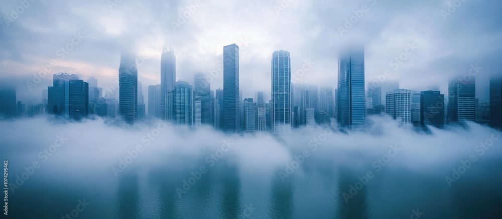 A misty cityscape with tall buildings emerging from the clouds.
