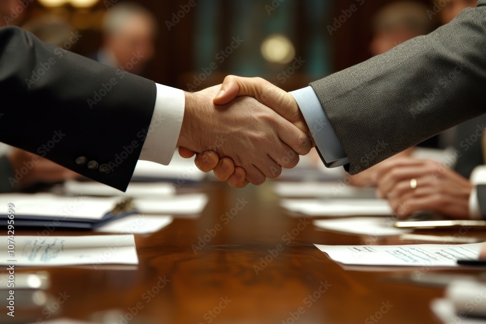 Business Handshake in Meeting Room Setting Business Handshake in Meeting Room Setting